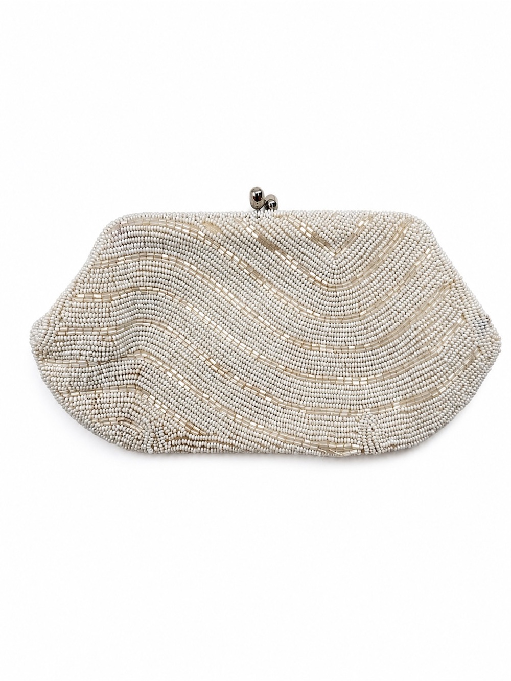 Vintage Unbranded Ivory Beaded Silver Clutch Evening Bag Small Dainty Bridal